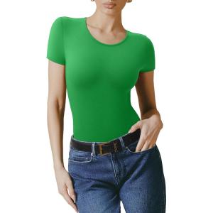 imageREORIA Double Lined Basic Bodysuits Short Sleeve Body Suits Trendy Summer Outfits Tops for Women 2025Kelly Green