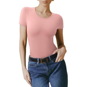 imageREORIA Double Lined Basic Bodysuits Short Sleeve Body Suits Trendy Summer Outfits Tops for Women 2025Pink Dolphin