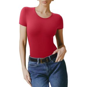 imageREORIA Double Lined Basic Bodysuits Short Sleeve Body Suits Trendy Summer Outfits Tops for Women 2025Ribbon Red