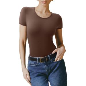 imageREORIA Double Lined Basic Bodysuits Short Sleeve Body Suits Trendy Summer Outfits Tops for Women 2025Shaved Chocolate