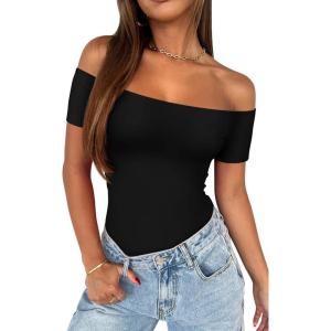 imageREORIA Women Sexy Off the Shoulder Short Sleeve Backless Basic Double Lined Thong Bodysuit TopsBlack Onyx