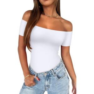 imageREORIA Women Sexy Off the Shoulder Short Sleeve Backless Basic Double Lined Thong Bodysuit TopsBrilliant White