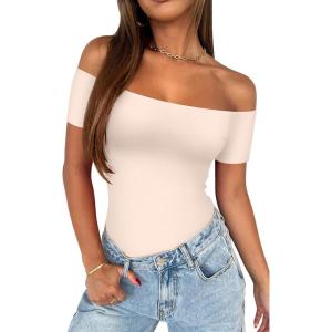 imageREORIA Women Sexy Off the Shoulder Short Sleeve Backless Basic Double Lined Thong Bodysuit TopsButtercream