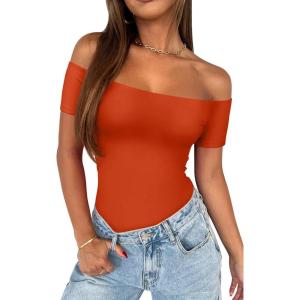 imageREORIA Women Sexy Off the Shoulder Short Sleeve Backless Basic Double Lined Thong Bodysuit TopsCherry Tomato