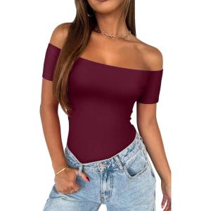 imageREORIA Women Sexy Off the Shoulder Short Sleeve Backless Basic Double Lined Thong Bodysuit TopsCordovan