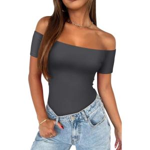 imageREORIA Women Sexy Off the Shoulder Short Sleeve Backless Basic Double Lined Thong Bodysuit TopsDark Shadow