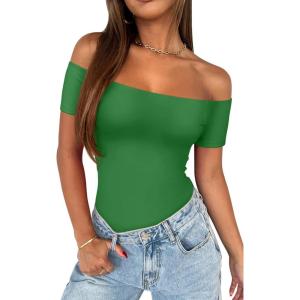 imageREORIA Women Sexy Off the Shoulder Short Sleeve Backless Basic Double Lined Thong Bodysuit TopsKelly Green