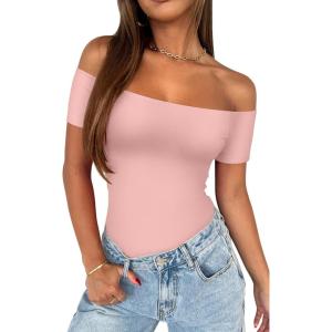 imageREORIA Women Sexy Off the Shoulder Short Sleeve Backless Basic Double Lined Thong Bodysuit TopsPink Dolphin