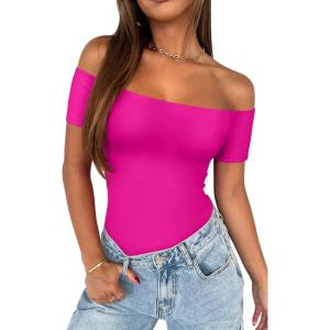 imageREORIA Women Sexy Off the Shoulder Short Sleeve Backless Basic Double Lined Thong Bodysuit TopsPink Glo