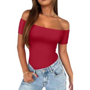 imageREORIA Women Sexy Off the Shoulder Short Sleeve Backless Basic Double Lined Thong Bodysuit TopsRibbon Red