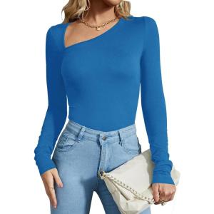 imageREORIA Womens Classy Asymmetrical Neck Long Sleeve Ribbed Slimming Thong Bodysuit TopsBlue