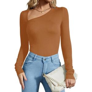 imageREORIA Womens Classy Asymmetrical Neck Long Sleeve Ribbed Slimming Thong Bodysuit TopsBrown