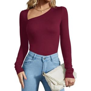 imageREORIA Womens Classy Asymmetrical Neck Long Sleeve Ribbed Slimming Thong Bodysuit TopsBurgundy