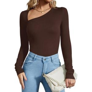 imageREORIA Womens Classy Asymmetrical Neck Long Sleeve Ribbed Slimming Thong Bodysuit TopsCoffee