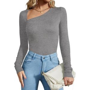 imageREORIA Womens Classy Asymmetrical Neck Long Sleeve Ribbed Slimming Thong Bodysuit TopsLight Grey