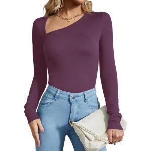 imageREORIA Womens Classy Asymmetrical Neck Long Sleeve Ribbed Slimming Thong Bodysuit TopsPurple