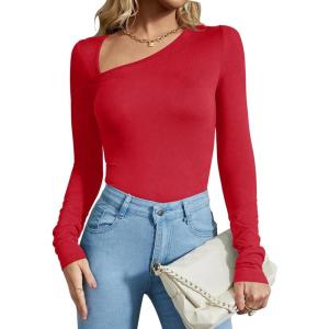 imageREORIA Womens Classy Asymmetrical Neck Long Sleeve Ribbed Slimming Thong Bodysuit TopsRed