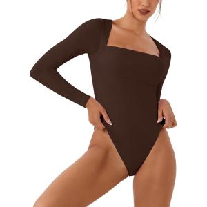 imageREORIA Womens Long Sleeve Square Neck Double Layer Sexy Bodysuit 2025 FallWinter Designer CollectionCocoa