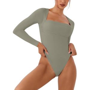 imageREORIA Womens Long Sleeve Square Neck Double Layer Sexy Bodysuit 2025 FallWinter Designer CollectionGrayish Green