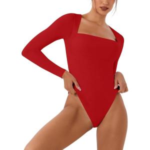 imageREORIA Womens Long Sleeve Square Neck Double Layer Sexy Bodysuit 2025 FallWinter Designer CollectionRed