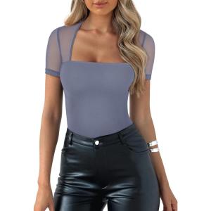 imageREORIA Womens Sexy Square Neck Short Sleeve Sheer Mesh Double Lined Slimming 2024 Trendy Going Out Bodysuits TopsBlue