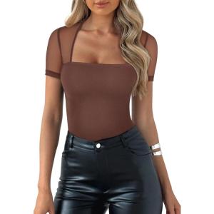 imageREORIA Womens Sexy Square Neck Short Sleeve Sheer Mesh Double Lined Slimming 2024 Trendy Going Out Bodysuits TopsCoffee