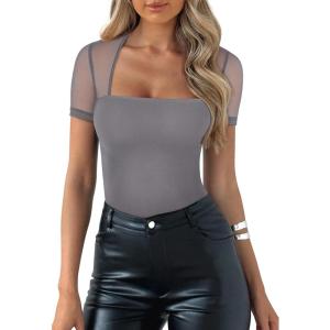 imageREORIA Womens Sexy Square Neck Short Sleeve Sheer Mesh Double Lined Slimming 2024 Trendy Going Out Bodysuits TopsDeep Grey
