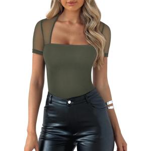 imageREORIA Womens Sexy Square Neck Short Sleeve Sheer Mesh Double Lined Slimming 2024 Trendy Going Out Bodysuits TopsGrey Green