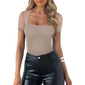 imageREORIA Womens Sexy Square Neck Short Sleeve Sheer Mesh Double Lined Slimming 2024 Trendy Going Out Bodysuits TopsKhaki