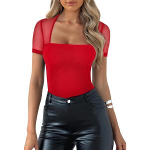 imageREORIA Womens Sexy Square Neck Short Sleeve Sheer Mesh Double Lined Slimming 2024 Trendy Going Out Bodysuits TopsRed