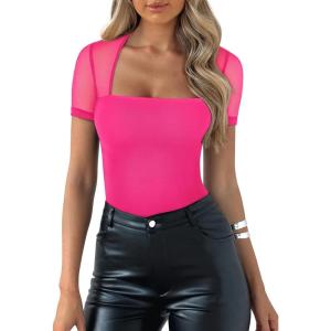 imageREORIA Womens Sexy Square Neck Short Sleeve Sheer Mesh Double Lined Slimming 2024 Trendy Going Out Bodysuits TopsRose