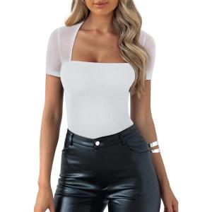 imageREORIA Womens Sexy Square Neck Short Sleeve Sheer Mesh Double Lined Slimming 2024 Trendy Going Out Bodysuits TopsWhite