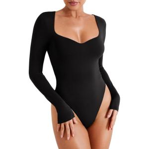 imageREORIA Womens Trendy Sexy Sweetheart Neck Double Lined Layering Long Sleeve Body suit Going Out Bodysuits TopsBlack