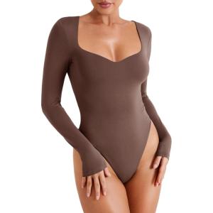 imageREORIA Womens Trendy Sexy Sweetheart Neck Double Lined Layering Long Sleeve Body suit Going Out Bodysuits TopsCoffee