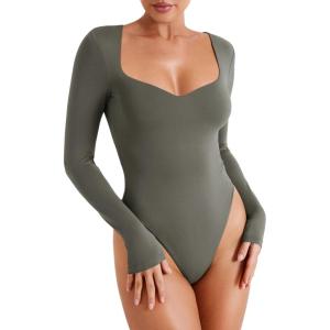 imageREORIA Womens Trendy Sexy Sweetheart Neck Double Lined Layering Long Sleeve Body suit Going Out Bodysuits TopsGrey Green