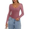imageREORIA Womens Long Sleeve Bodysuits Basic V Neck Slim Comfy Lightweight Layering Going Out Tops Fall Winter OutfitsMasala