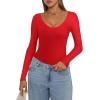 imageREORIA Womens Long Sleeve Bodysuits Basic V Neck Slim Comfy Lightweight Layering Going Out Tops Fall Winter OutfitsRed