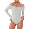 imageREORIA Womens Long Sleeve OffShoulder Strapless VNeck Double Layer Sexy Bodysuit 2025 FallWinter Designer CollectionGrey