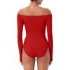imageREORIA Womens Long Sleeve OffShoulder Strapless VNeck Double Layer Sexy Bodysuit 2025 FallWinter Designer CollectionRed