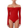 imageREORIA Womens Long Sleeve OffShoulder Strapless VNeck Double Layer Sexy Bodysuit 2025 FallWinter Designer CollectionRed