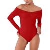 imageREORIA Womens Long Sleeve OffShoulder Strapless VNeck Double Layer Sexy Bodysuit 2025 FallWinter Designer CollectionRed