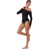 imageREORIA Womens Long Sleeve Single OffShoulder Bodysuit Ruching Sexy Elegant Tops 2025 FallWinter Designer CollectionBlack