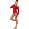 imageREORIA Womens Long Sleeve Single OffShoulder Bodysuit Ruching Sexy Elegant Tops 2025 FallWinter Designer CollectionRed