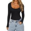 imageREORIA Womens Sexy Basic Sexy Scoop Long Sleeve Double Lined Layering Slim Bodysuit TopsBlack