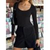 imageREORIA Womens Sexy Basic Sexy Scoop Long Sleeve Double Lined Layering Slim Bodysuit TopsBlack