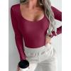 imageREORIA Womens Sexy Basic Sexy Scoop Long Sleeve Double Lined Layering Slim Bodysuit TopsBurgundy