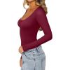 imageREORIA Womens Sexy Basic Sexy Scoop Long Sleeve Double Lined Layering Slim Bodysuit TopsBurgundy