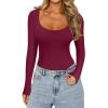 imageREORIA Womens Sexy Basic Sexy Scoop Long Sleeve Double Lined Layering Slim Bodysuit TopsBurgundy