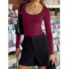 imageREORIA Womens Sexy Basic Sexy Scoop Long Sleeve Double Lined Layering Slim Bodysuit TopsBurgundy