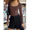 imageREORIA Womens Sexy Basic Sexy Scoop Long Sleeve Double Lined Layering Slim Bodysuit TopsCoffee